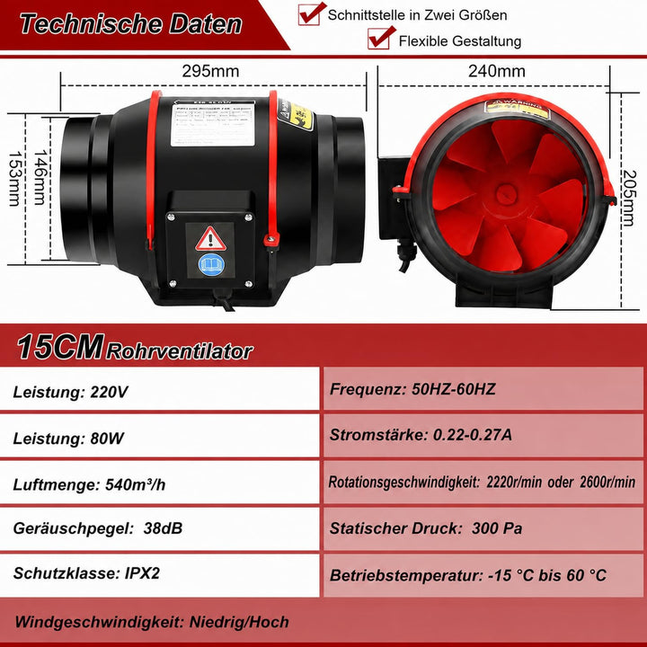 Rohrventilator mit Fernbedienung, 80W, 540 m³/h, Rohrlüfter Ø150 mm 150mm, 150mm