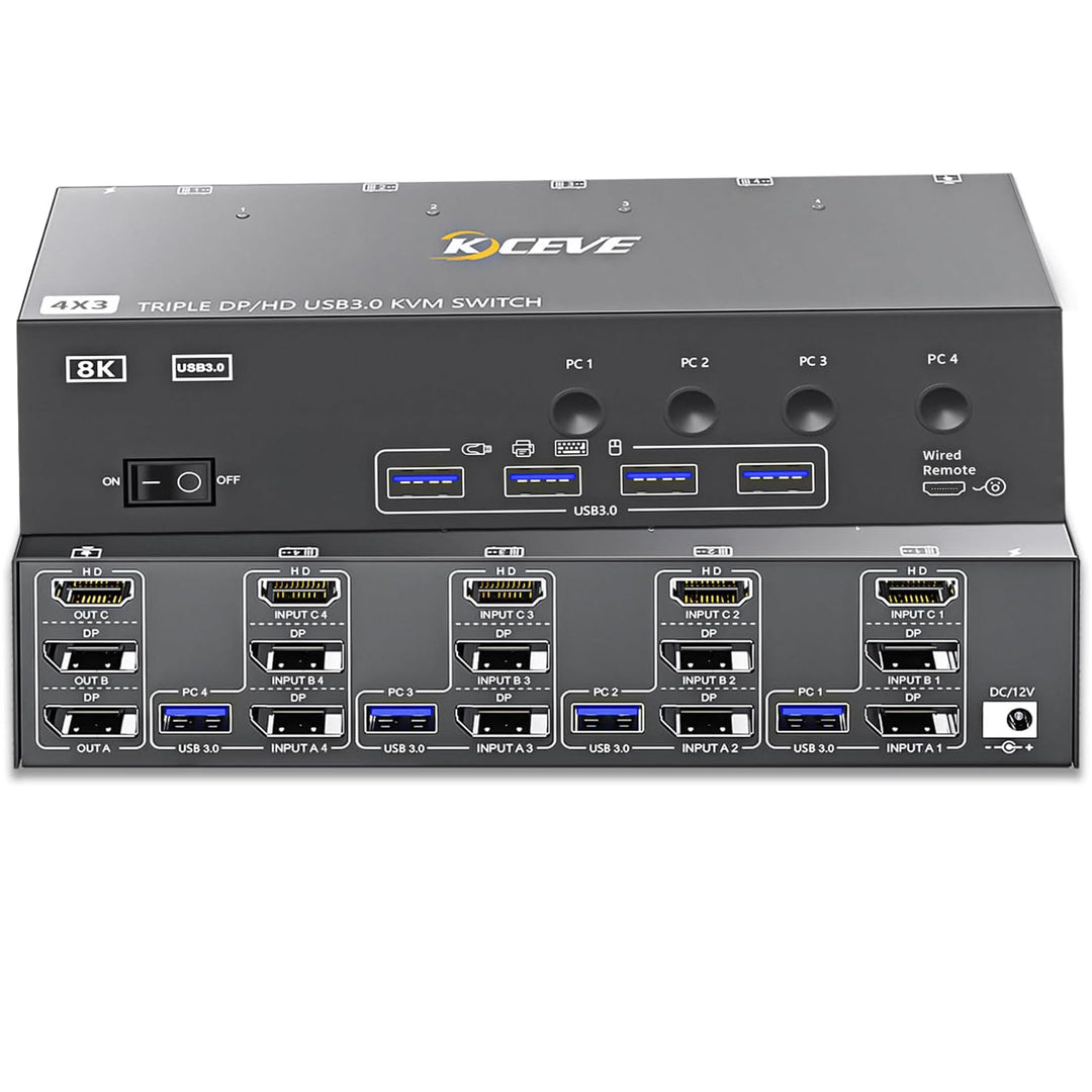 KVM Switch 4 PC 3 Monitore 8K@60Hz 4K@144Hz, USB 3.0 KVM Switch Triple Monitor 2 Displayport 1.4 + H
