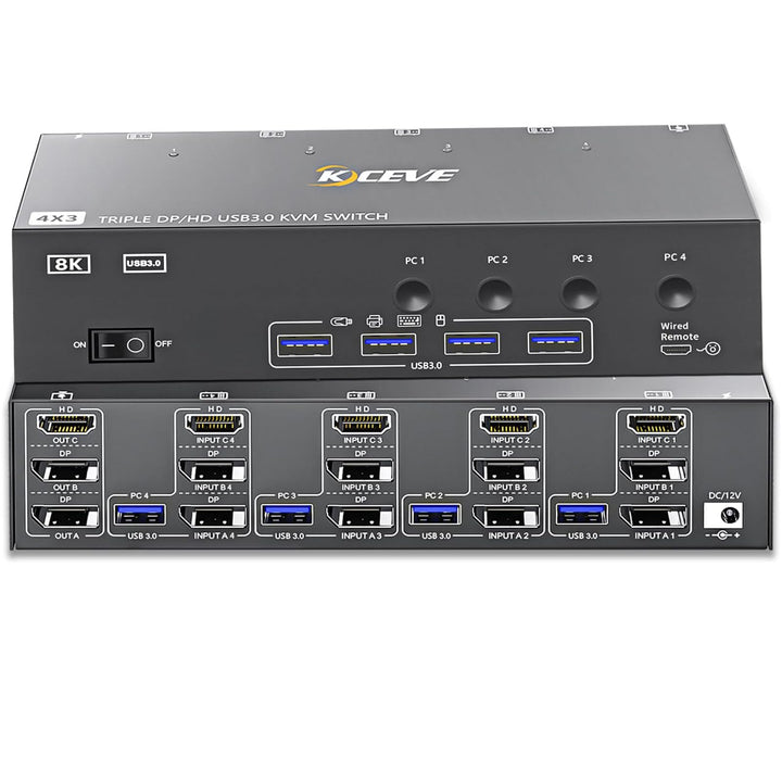 KVM Switch 4 PC 3 Monitore 8K@60Hz 4K@144Hz, USB 3.0 KVM Switch Triple Monitor 2 Displayport 1.4 + H