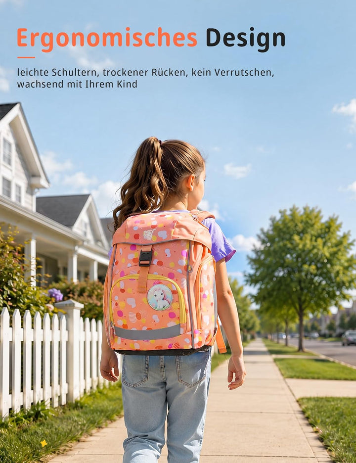 SKYSPER Schulranzen-Set 5-teilig, Schulrucksack Ergonomischer Tragesystem mit Regenhülle und Reflexs