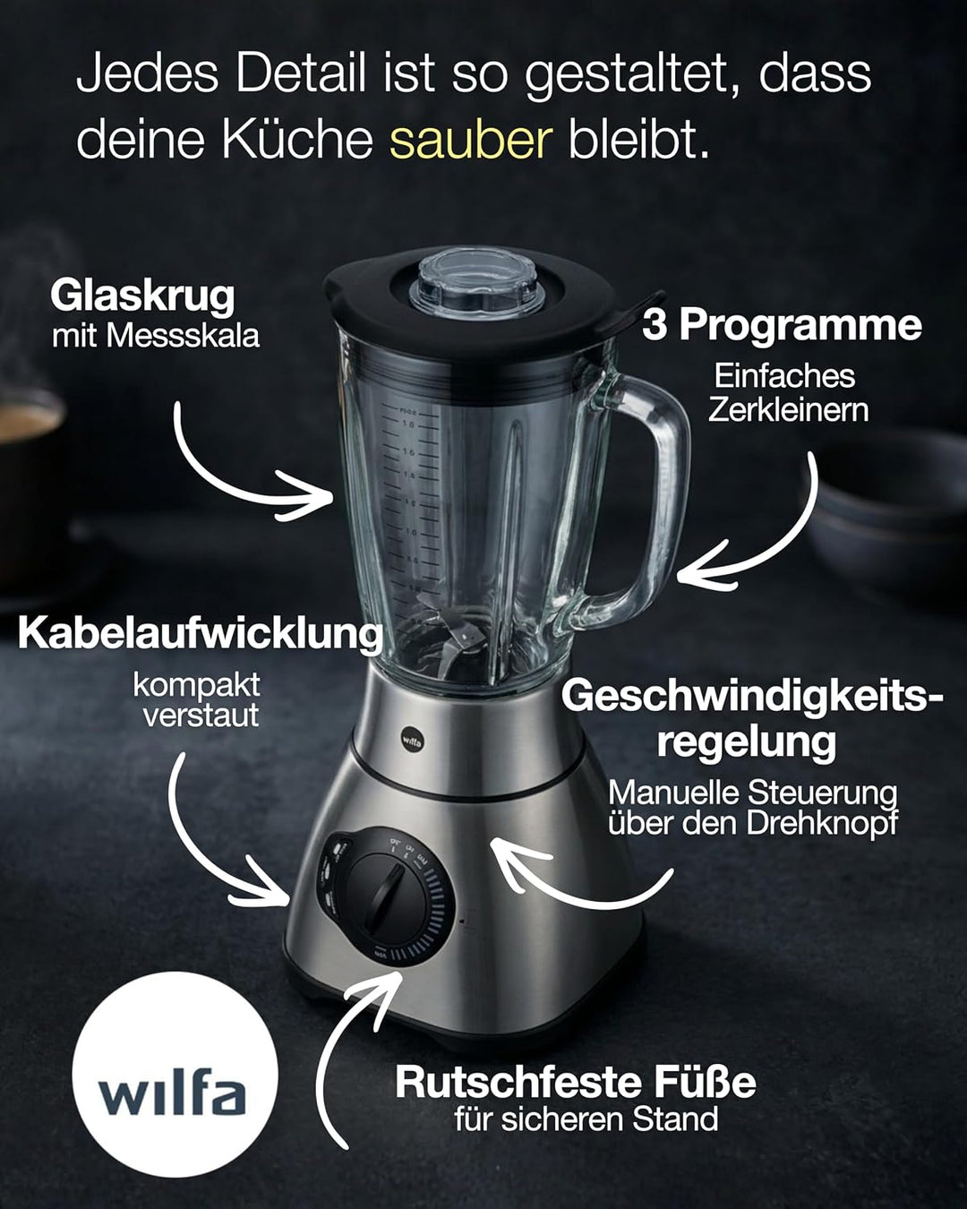 Wilfa XPLODE VITAL Standmixer - leistungsstarker 1800 Watt Motor, mit einem Fassungsvermögen von 1,8