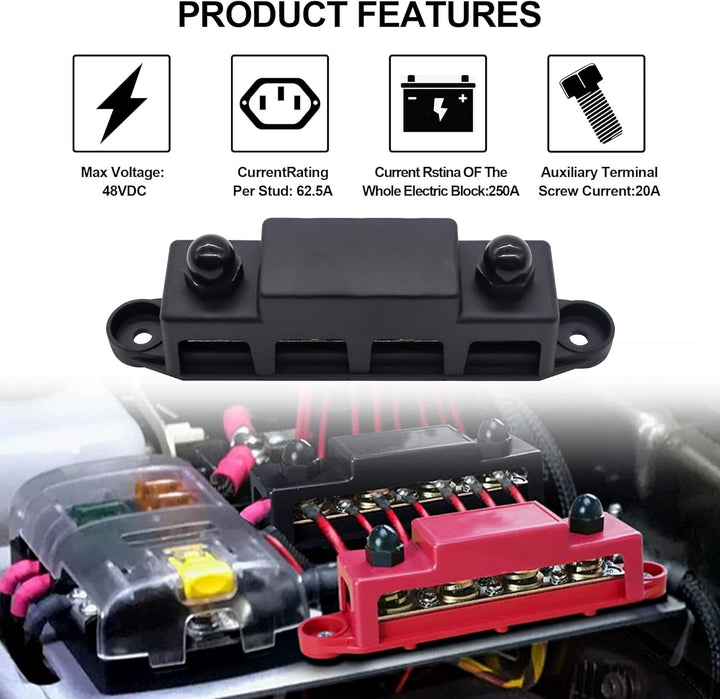 HISports Sammelschienen Verteilerblock 250A BusBar Box mit 4 x M10 Klemmenbolzen Hochleistungsmodul