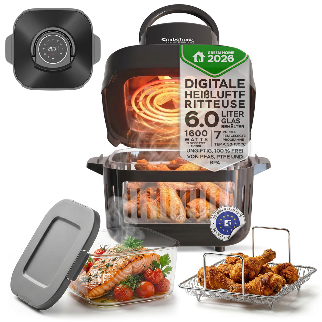 TurboTronic Heissluftfritteuse 6 L - AFG6-1600 W Glas Airfryer – Digitale Heissluft Fritteuse 50–180