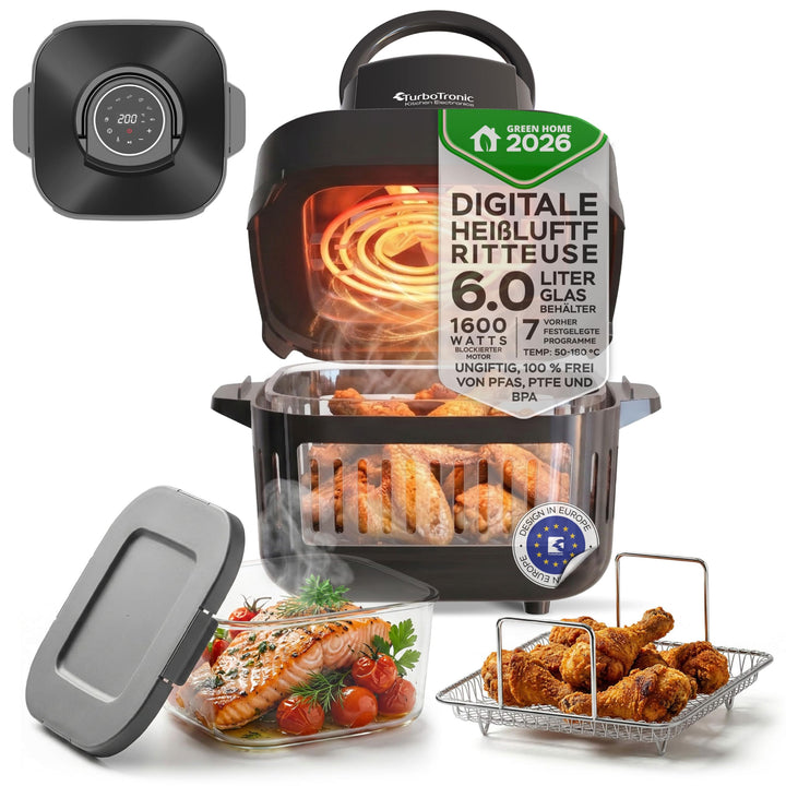 TurboTronic Heissluftfritteuse 6 L - AFG6-1600 W Glas Airfryer – Digitale Heissluft Fritteuse 50–180