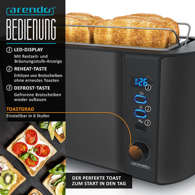 Arendo - SET Eierkocher SIXCOOK mit Toaster FRUKOST Edelstahl Schwarz, Toaster 4 Scheiben, LED-Displ