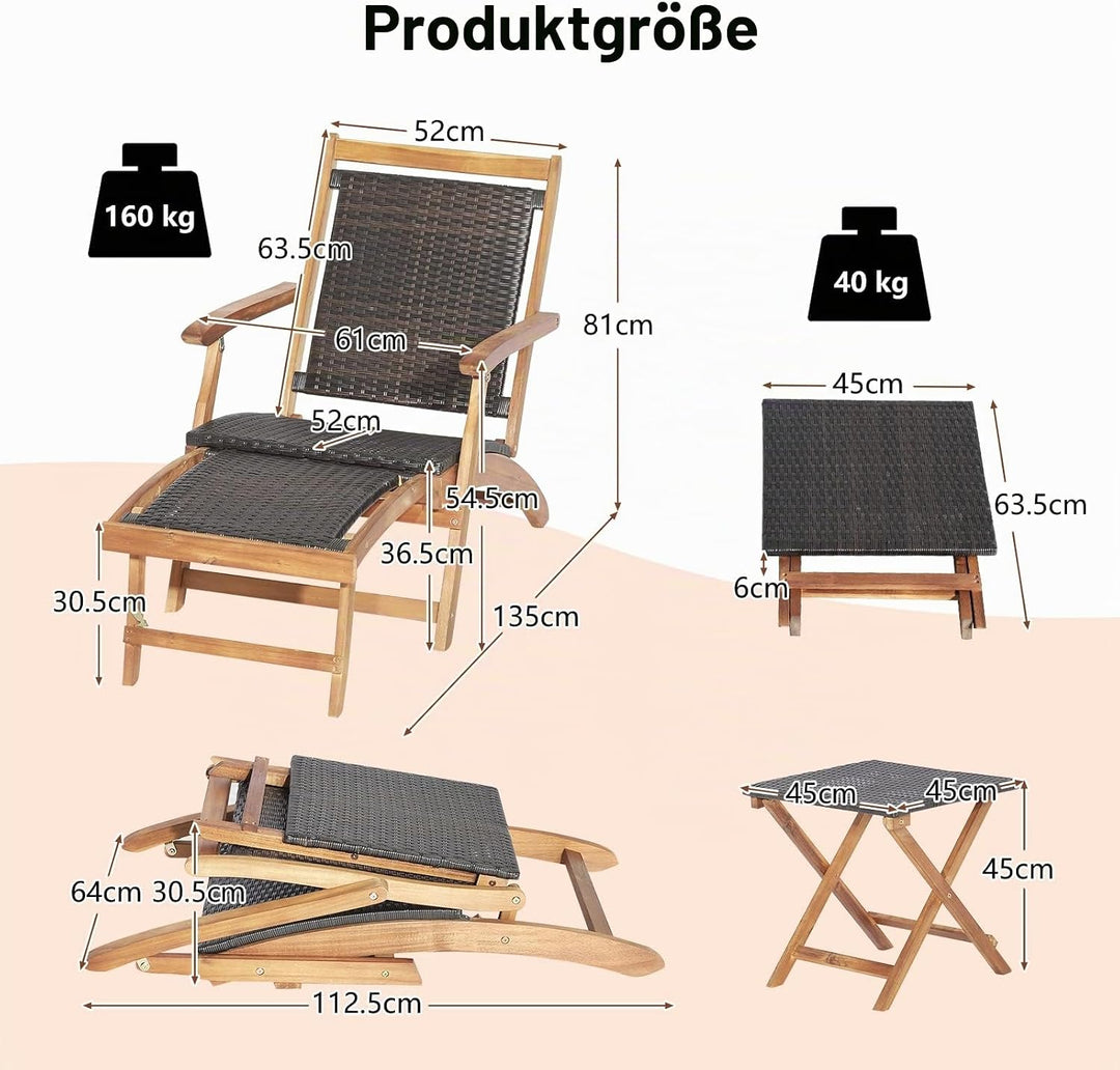 GIANTEX 2 in 1 Sonnenliege Rattan, Holz Liegestuhl Klappbar, Holzliegen Outdoor mit Beistelltisch, A