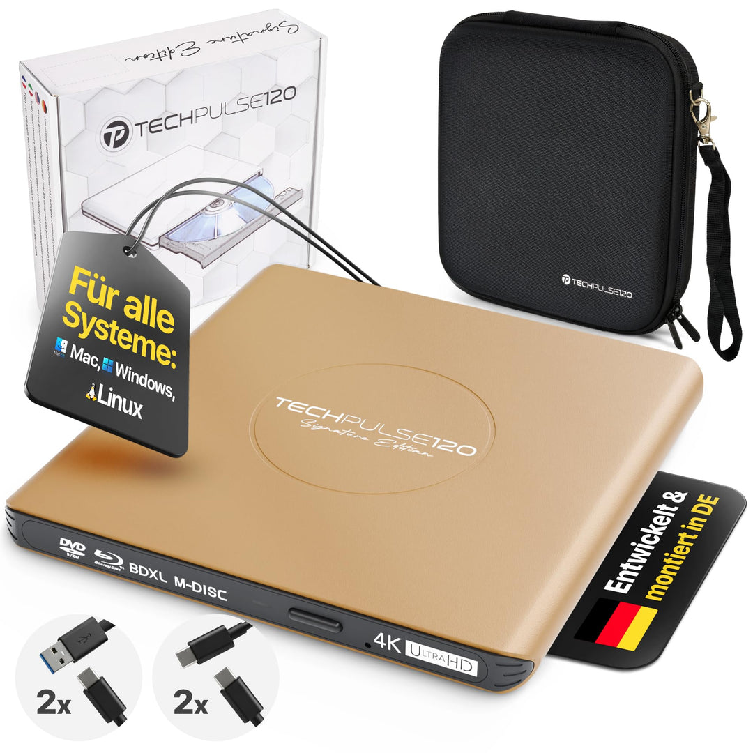 techPulse120 Externes UHD 4k 3D M-Disc BDXL USB 3.0 USB-C Laufwerk Blu-ray Brenner Burner Superdrive