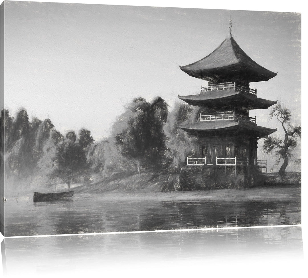 Pixxprint asiatischer Tempel an See als Leinwandbild/Grösse: 100x70 cm/Wandbild/Kunstdruck/fertig be