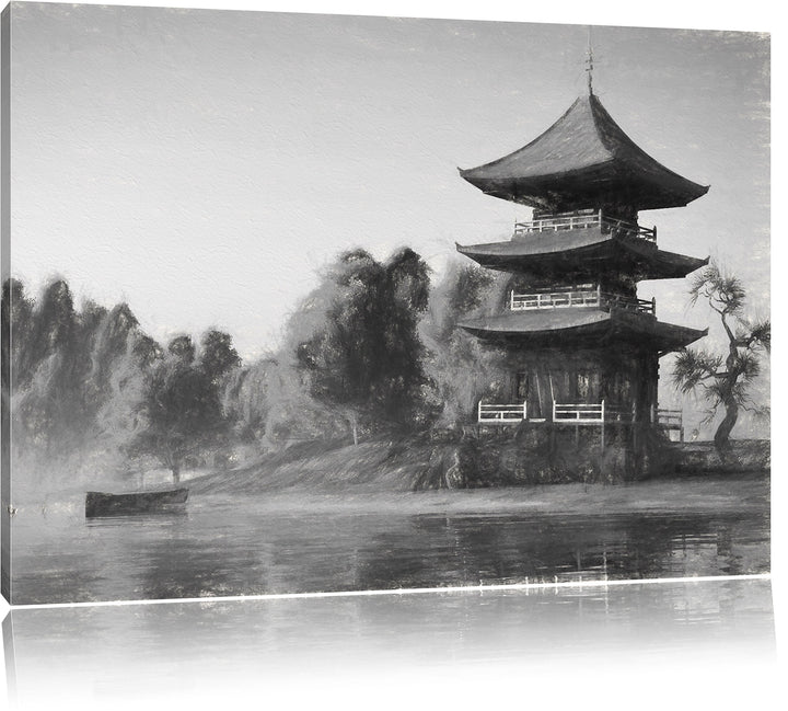 Pixxprint asiatischer Tempel an See als Leinwandbild/Grösse: 100x70 cm/Wandbild/Kunstdruck/fertig be