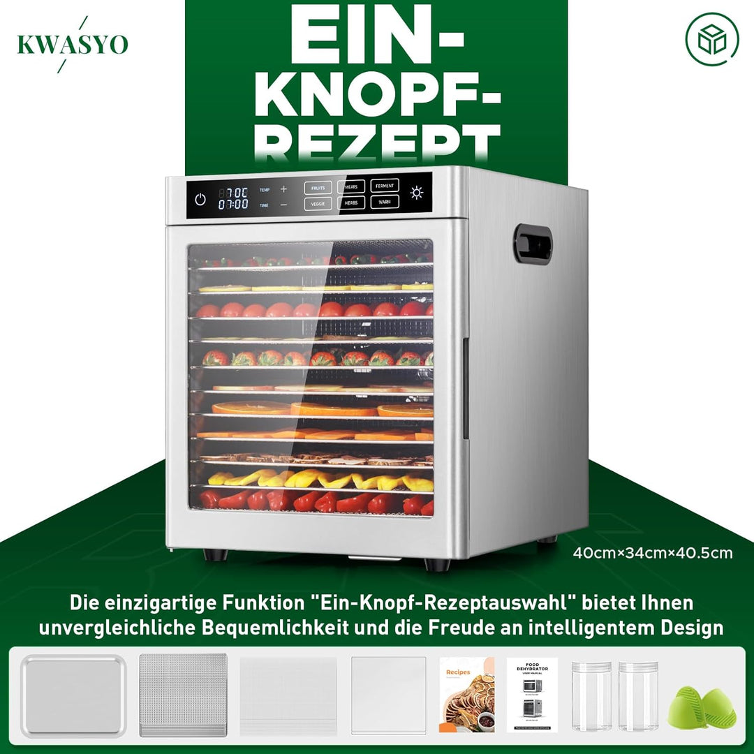 Kwasyo Dörrautomat 12 Etagen Edelstahl, 6 Voreinstellungen für Früchte, Gemüse, Fleisch, Blumen, 85°
