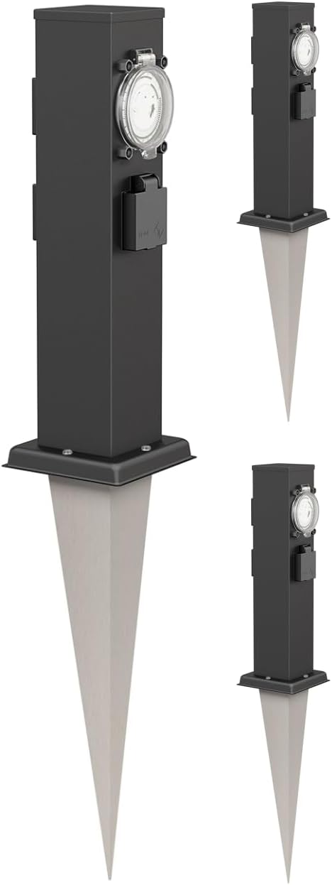 ledscom.de 3X Garten-Steckdosen-Säule Polly mit Erdspiess für aussen, 3-Fach mit Timer/Zeitschaltuhr