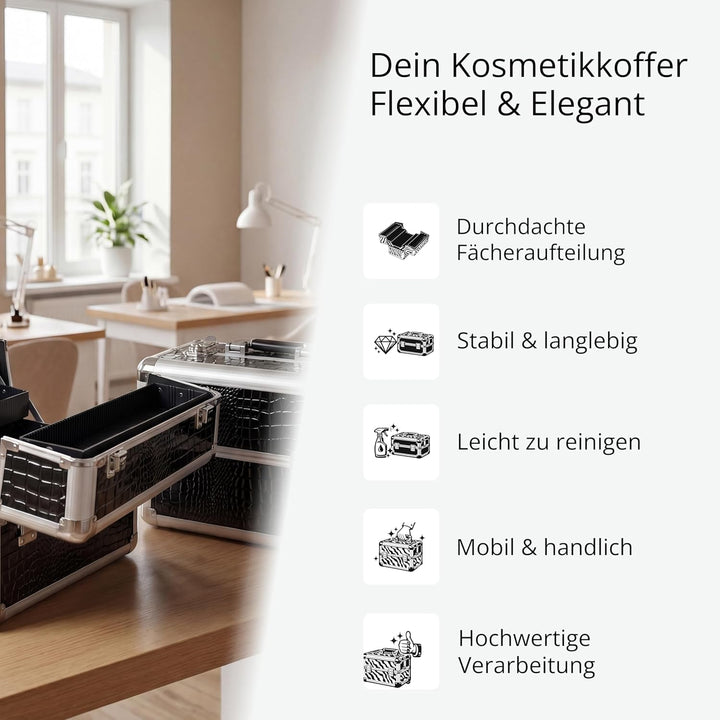 NAILS FACTORY | N&BF Kleiner Profi Kosmetikkoffer in Schwarz | Robust Dank ABS Kunststoff & hochwert