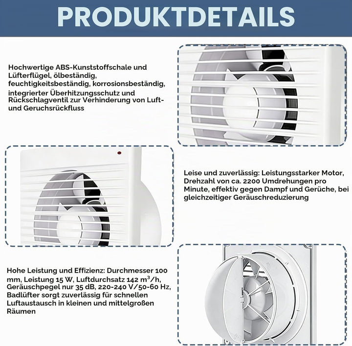 BORDEAG Badlüfter 100mm, Abluftventilator Küche 142m³/h, Weiss Bad Lüfter, WC Lüfter mit Rückstaukla