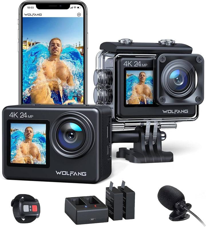 WOLFANG GA200 Action Cam 4K 24MP Unterwasserkamera WiFi 40M wasserdichte EIS Bildstabilisator Touchs