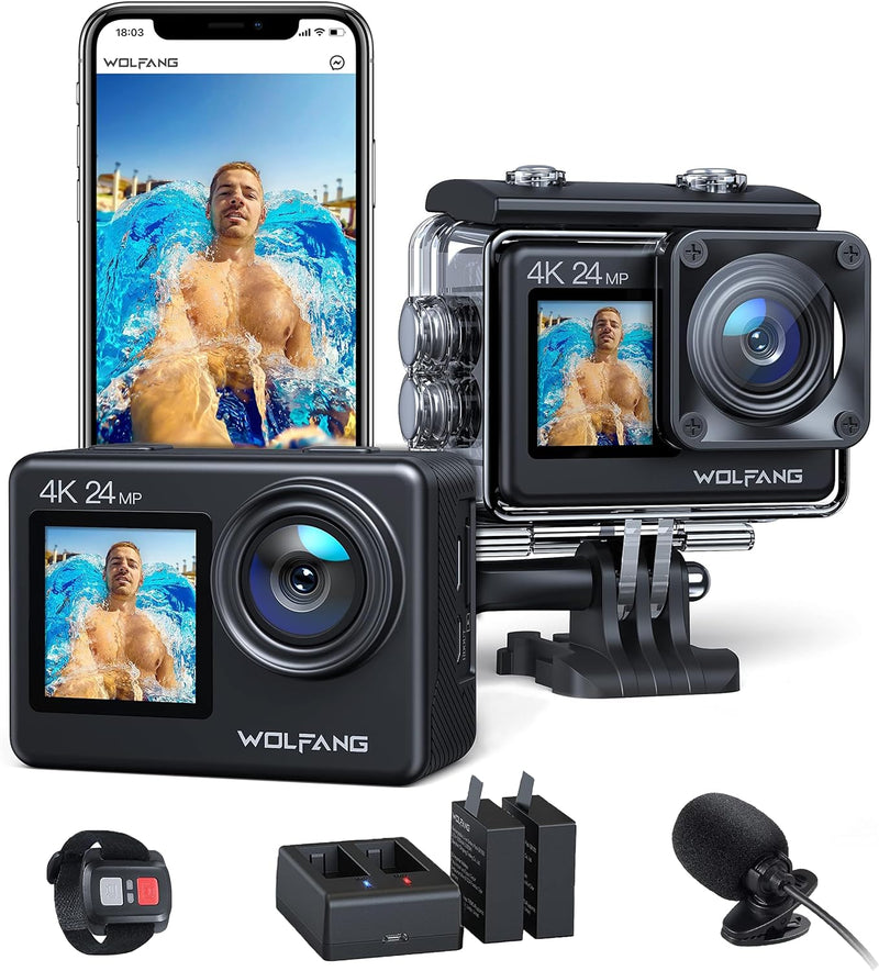 WOLFANG GA200 Action Cam 4K 24MP Unterwasserkamera WiFi 40M wasserdichte EIS Bildstabilisator Touchs