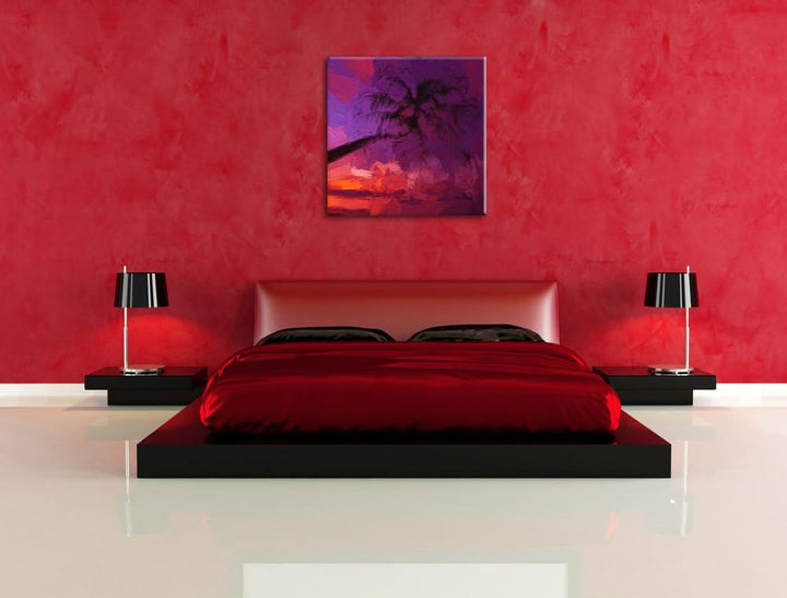 Pixxprint Palme am Meer mit Sonnenuntergang Pinsel Effekt, Format: 70x70 auf Leinwand, 70x70