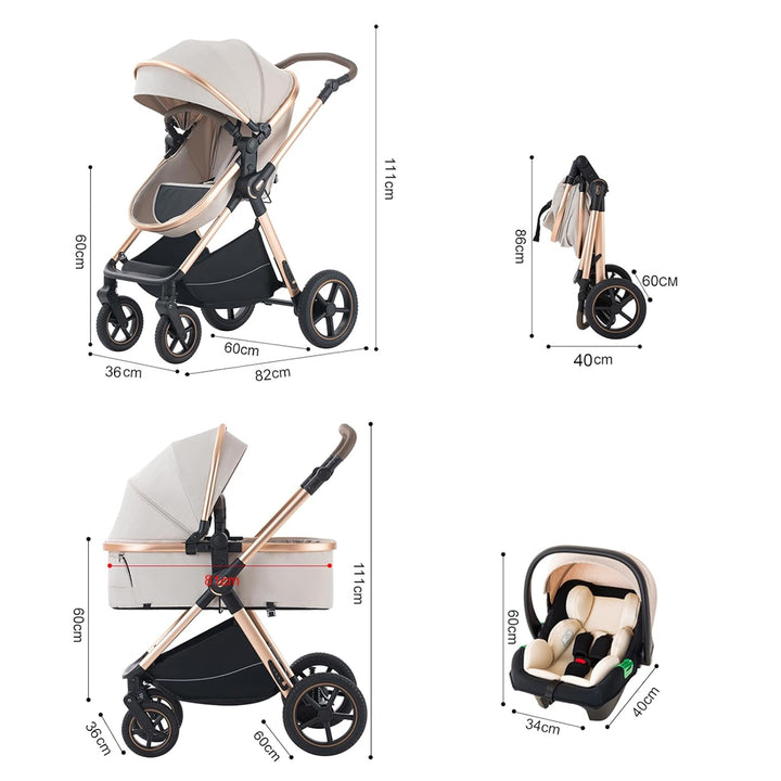 Shineey kinderwagen 3 in 1 Buggy Babybett Komplett Set Einem Klick Zusammenklappbarer Kinderwagen, 3