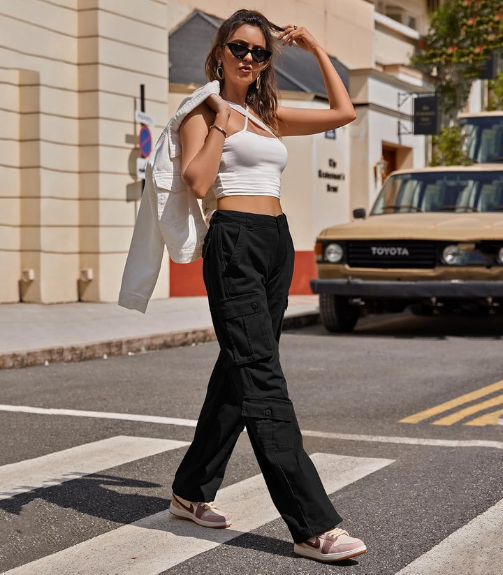 Cargohose Damen Baggy Y2K Multi Taschen High Waist Stretch Wanderhose Sport Jogginghose mit Elastisc