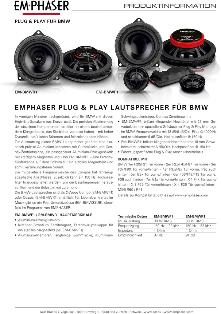 EMPHASER EM-BMWR1 – 10 cm Koaxial System, Autolautsprecher, kompatibel mit BMW und MINI, Plug & Play