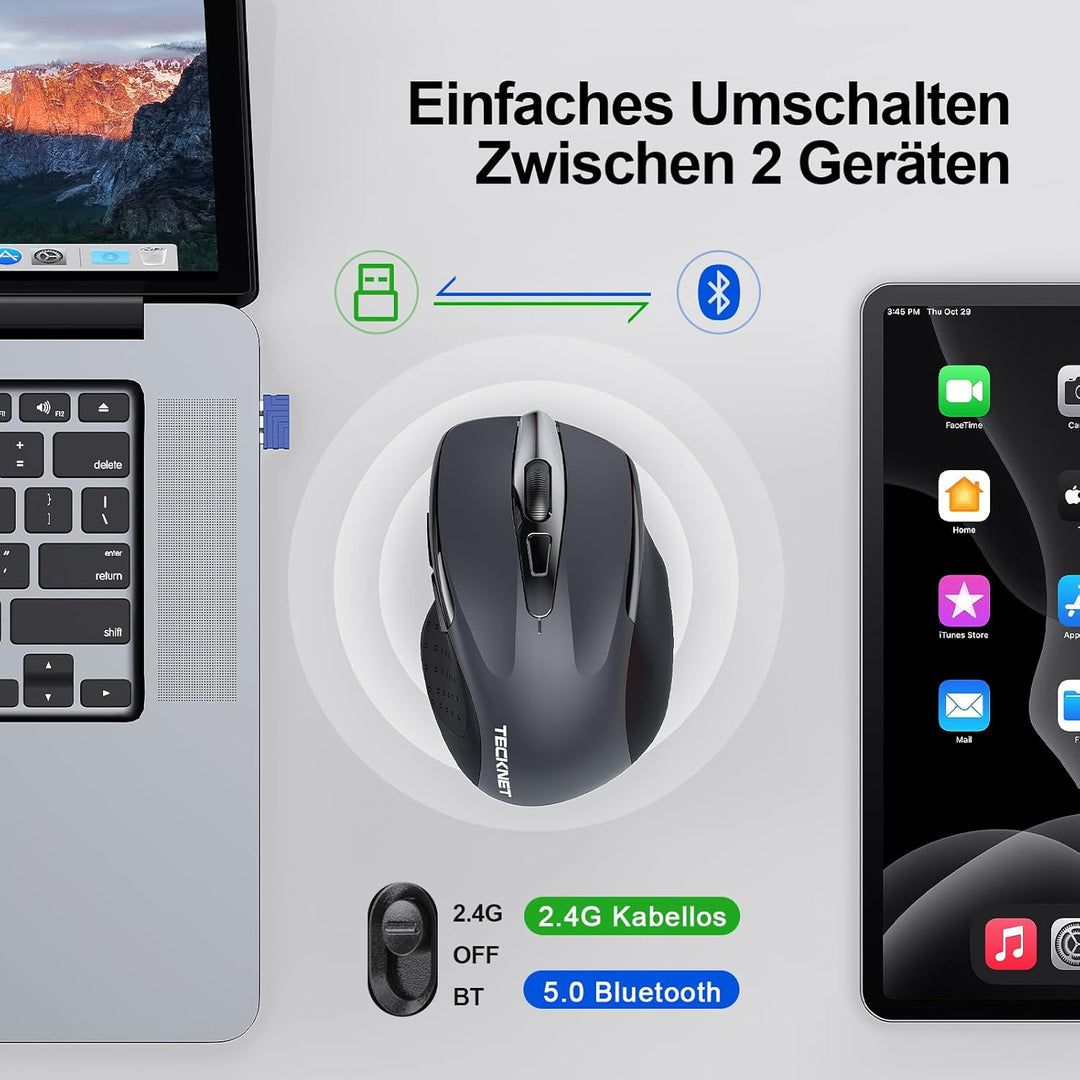 TECKNET Bluetooth Maus mit Jiggler, Wiederaufladbare Maus Kabellos(DREI Modi: BT 5.0/3.0 + 2.4G), 48