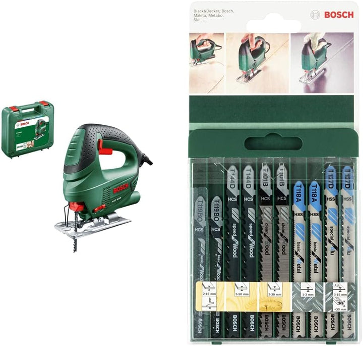 Bosch Stichsäge PST 650 (Schnitttiefe in Stahl/Holz 4mm/65mm, im Koffer) + 10tlg. Stichsägeblatt Set