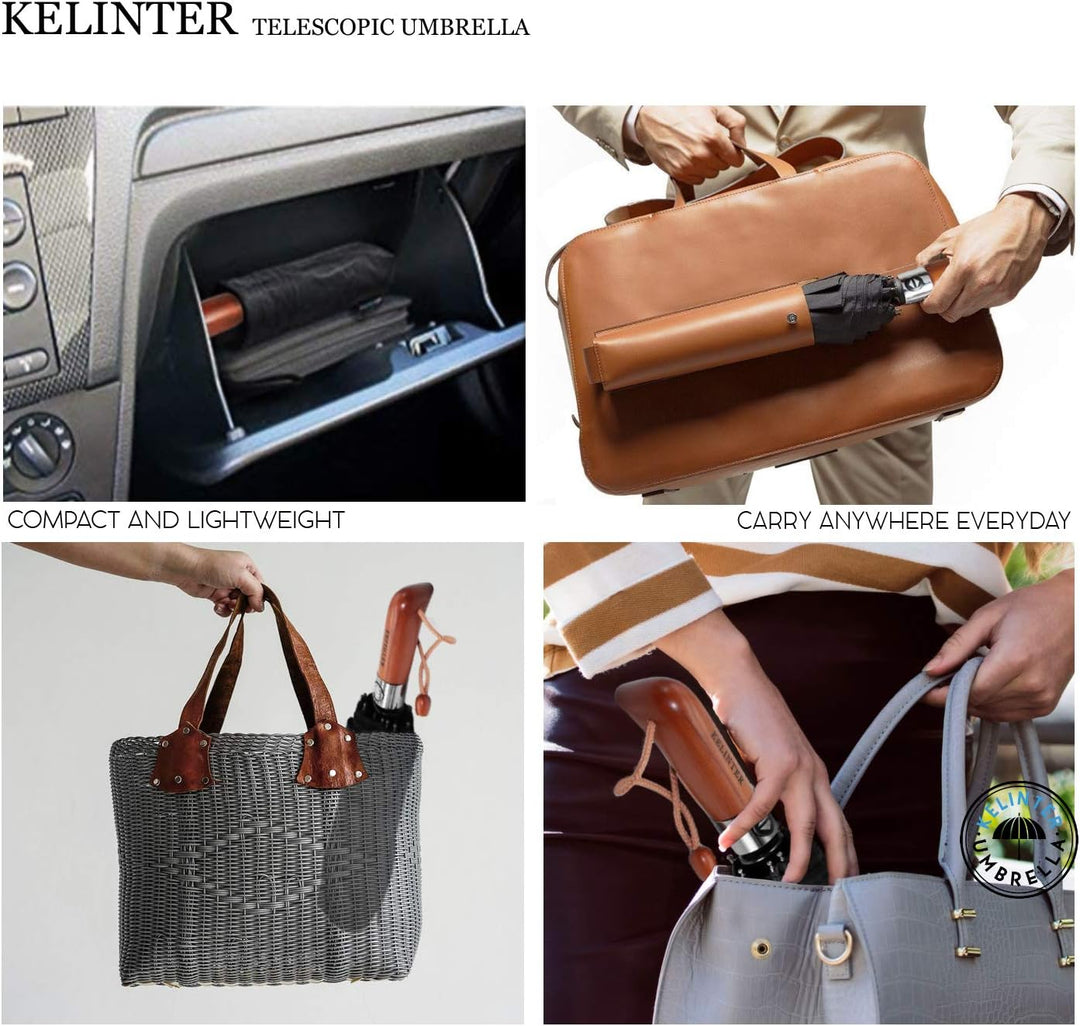 KELINTER Automatischer Klappschirm - 10 Verstärkte Streben, Teflon 300T, Windsicher, Holzgriff Ergon