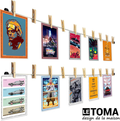 LeTOMA – Hochwertiges Fotoseil aus Stahl 2x100 cm lang und 2x8 rustikale Holzklammern 45mm - Fotolei