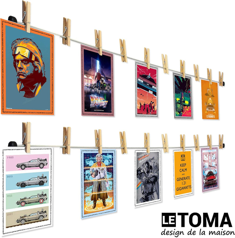 LeTOMA – Hochwertiges Fotoseil aus Stahl 2x100 cm lang und 2x8 rustikale Holzklammern 45mm - Fotolei