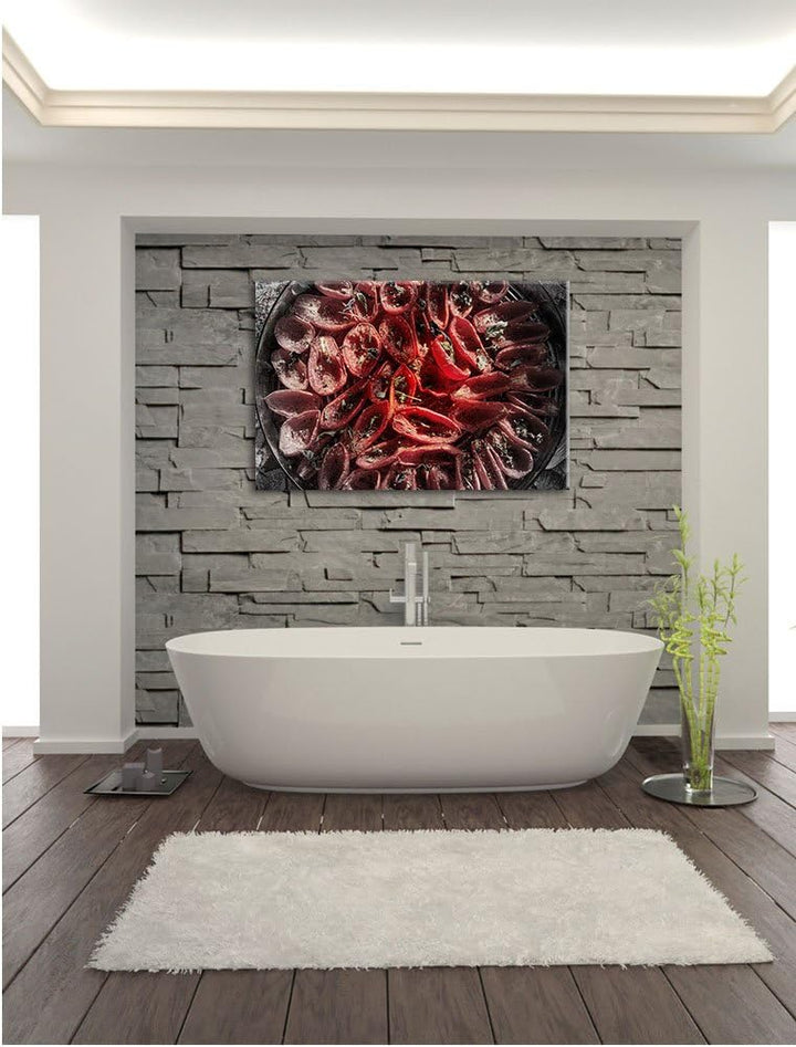 Pixxprint Tomaten Olivenöl Kräuter als Leinwandbild/Grösse: 100x70 cm/Wandbild/Kunstdruck/fertig bes