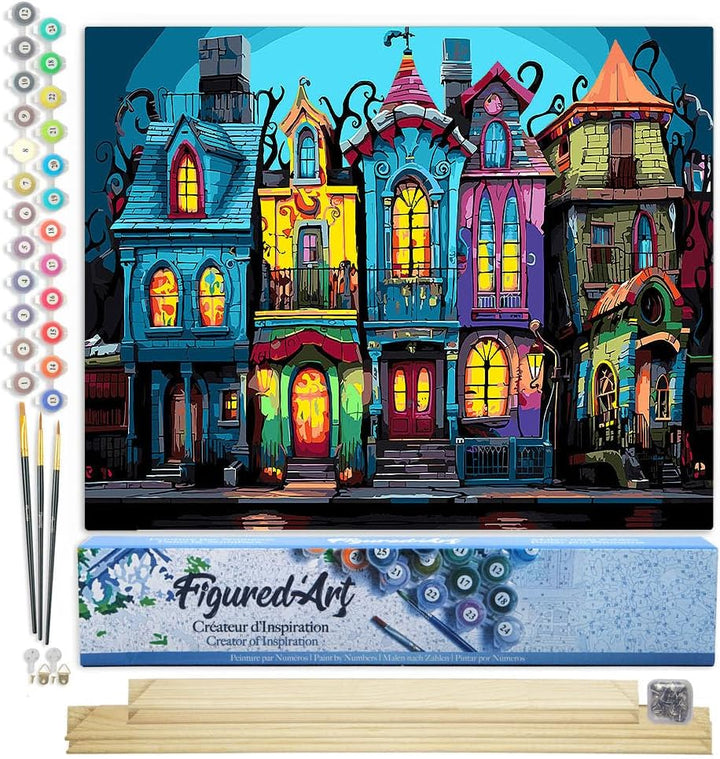 Figured'Art Malen Nach Zahlen Erwachsene Mit Rahmen Bunte Gotische Häuser - Paint by Numbers Basteln