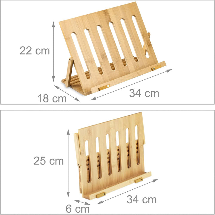 Relaxdays Buchständer, aus Bambus, 3 Neigungsstufen, klappbar, für den Tisch, HxBxT: 22x34x18 cm, Le