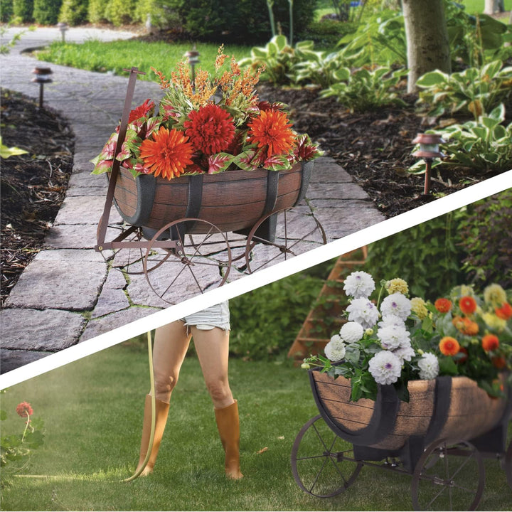 Blumenwagen Whiskyfass - Pflanzwagen auf rädern, Gartendeko Blumentopf Barel - realistischer Blument