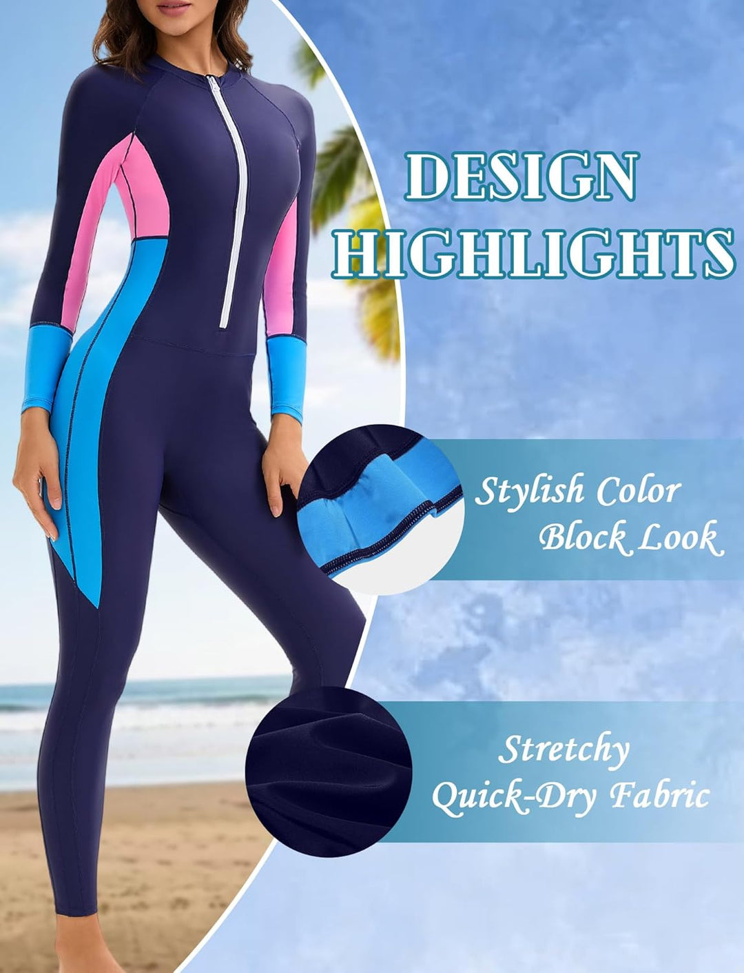 Rash Guard Damen Sonnen-Schutz Lange Beine und Arme Ganzkörper Badeanzug Reissverschluss Schwimmanzu