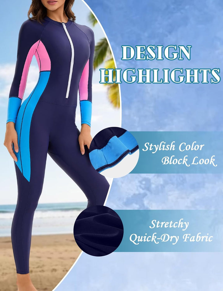 Rash Guard Damen Sonnen-Schutz Lange Beine und Arme Ganzkörper Badeanzug Reissverschluss Schwimmanzu