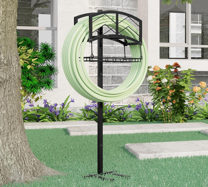 Kingson Tragbarer Gartenschlauchhalter mit Aufbewahrungskorb, robuste schwarze Stahlkonstruktion, hä