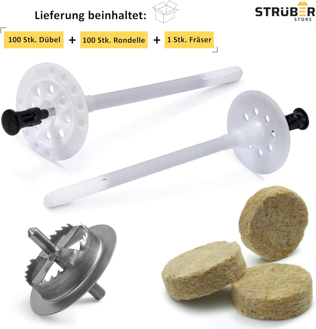 STRÜBER WDVS SET (Ø10x120mm Dämmstoffdübel mit Metalldorn 100St + Mineralwolle Rondelle 100St + Meta