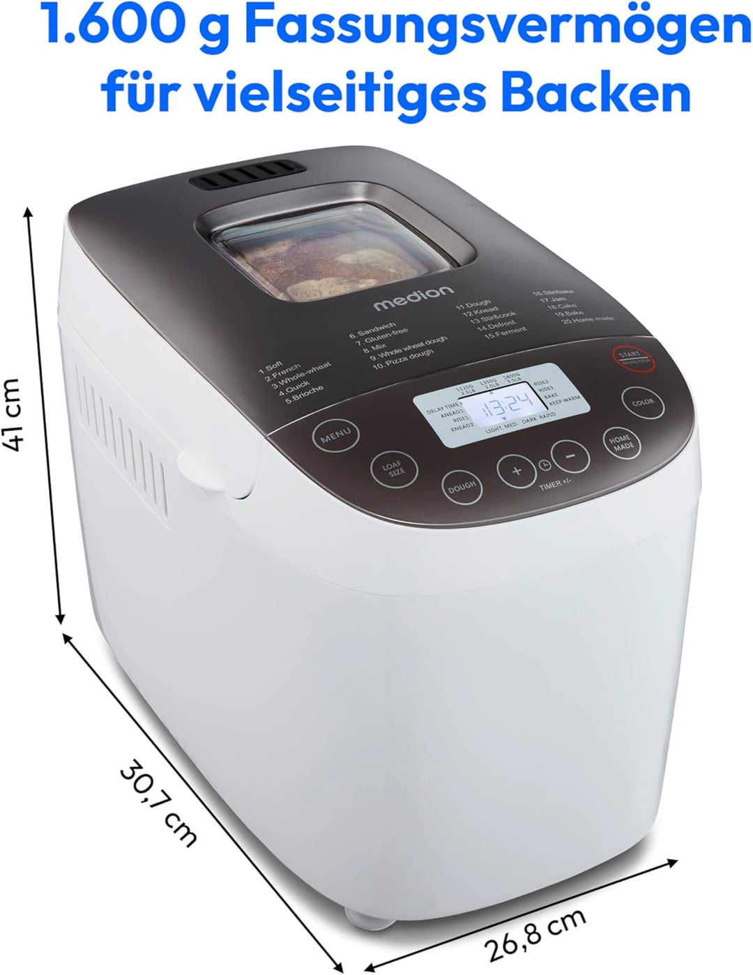 MEDION Brotbackautomat Brotbackmaschine, 950 Watt, bis zu 1600g | 20 Backprogramme, 3 Bräunungsgrade