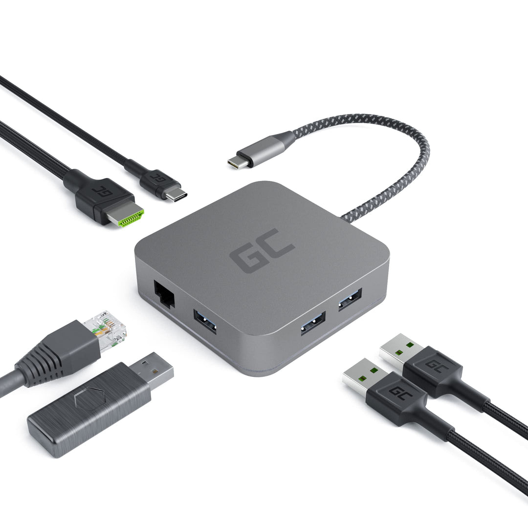 Green Cell Adapter Dockstation GC® USB-C HUB 6 im 1 3X USB 3.0, HDMI 4K, Ethernet, USB-C mit Power D