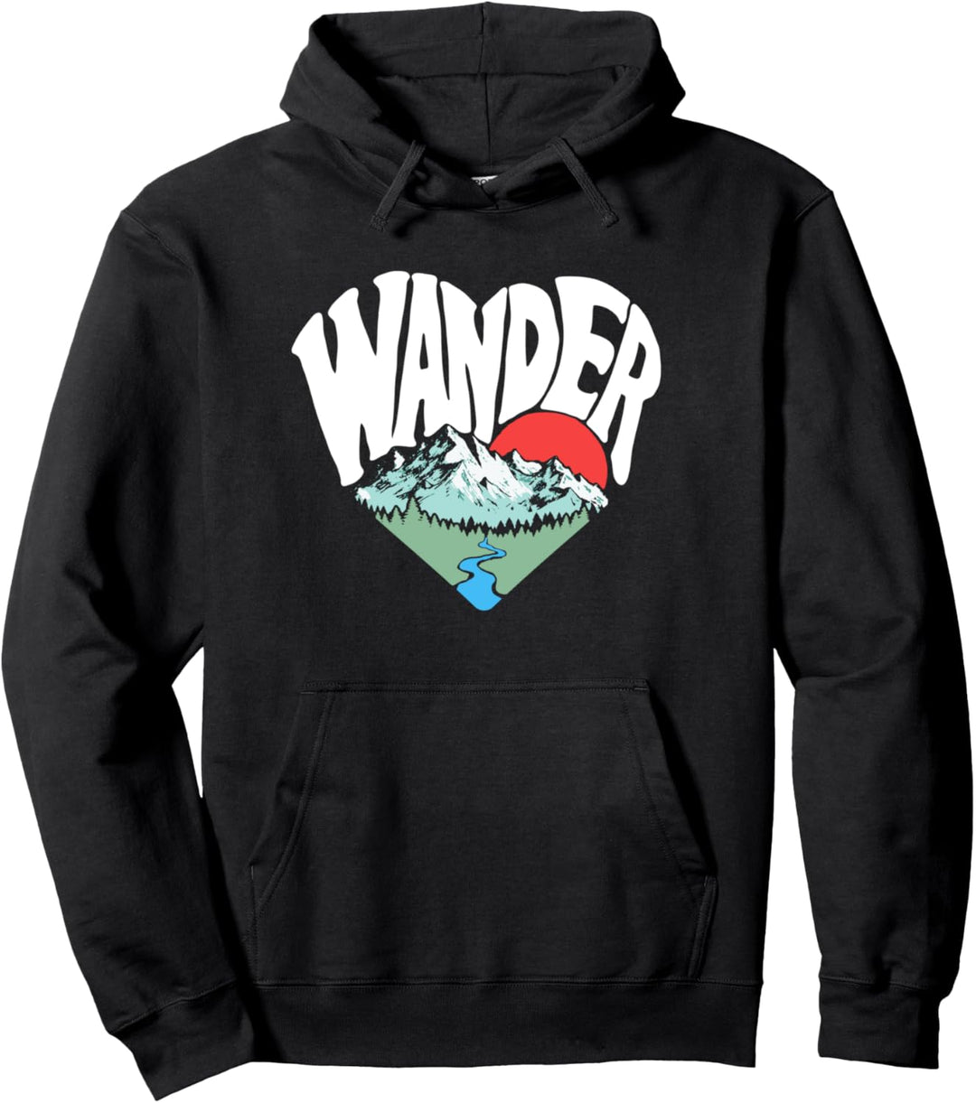 Wander Retro Outdoor Nature Lover Heart Sketch Graphic Pullover Hoodie