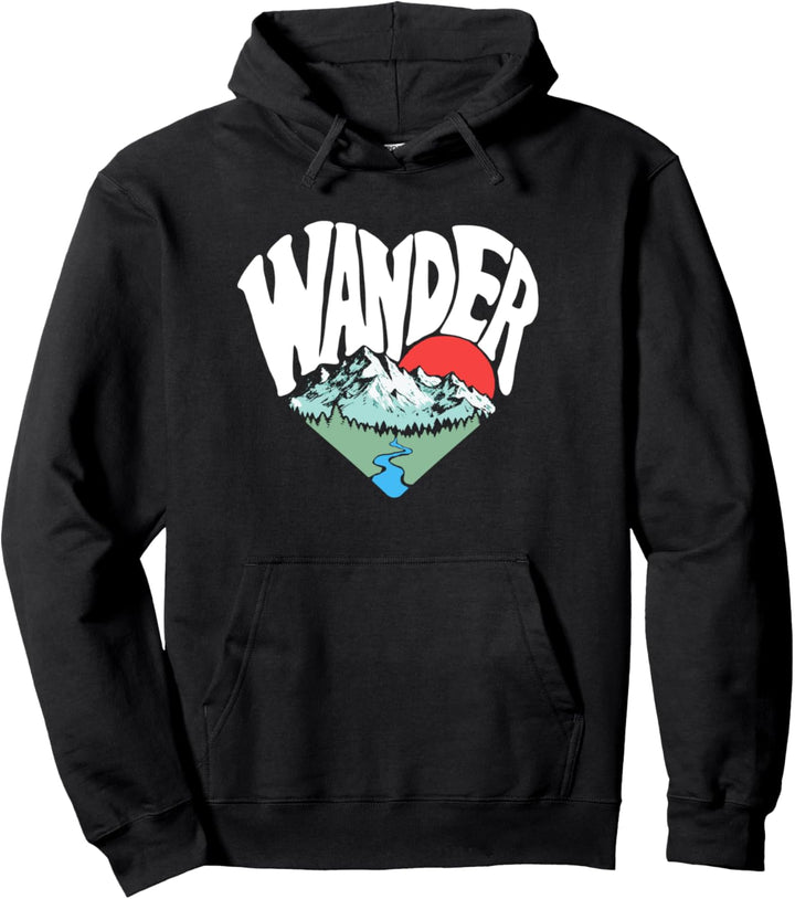 Wander Retro Outdoor Nature Lover Heart Sketch Graphic Pullover Hoodie