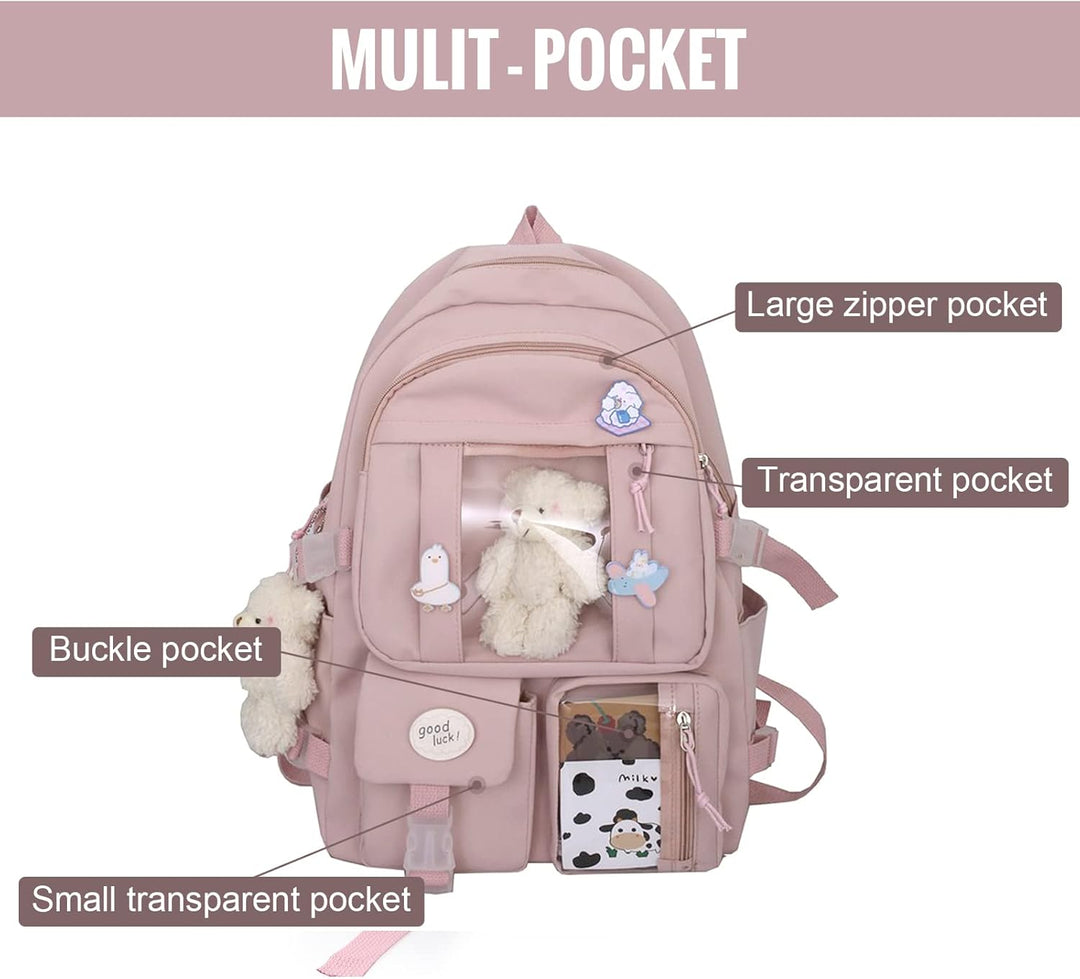 7VSTOHS Kawaii-Rucksack mit Kawaii-Anhänger und Zubehör für Teenager-Mädchen Rucksack-Schule Aesthet