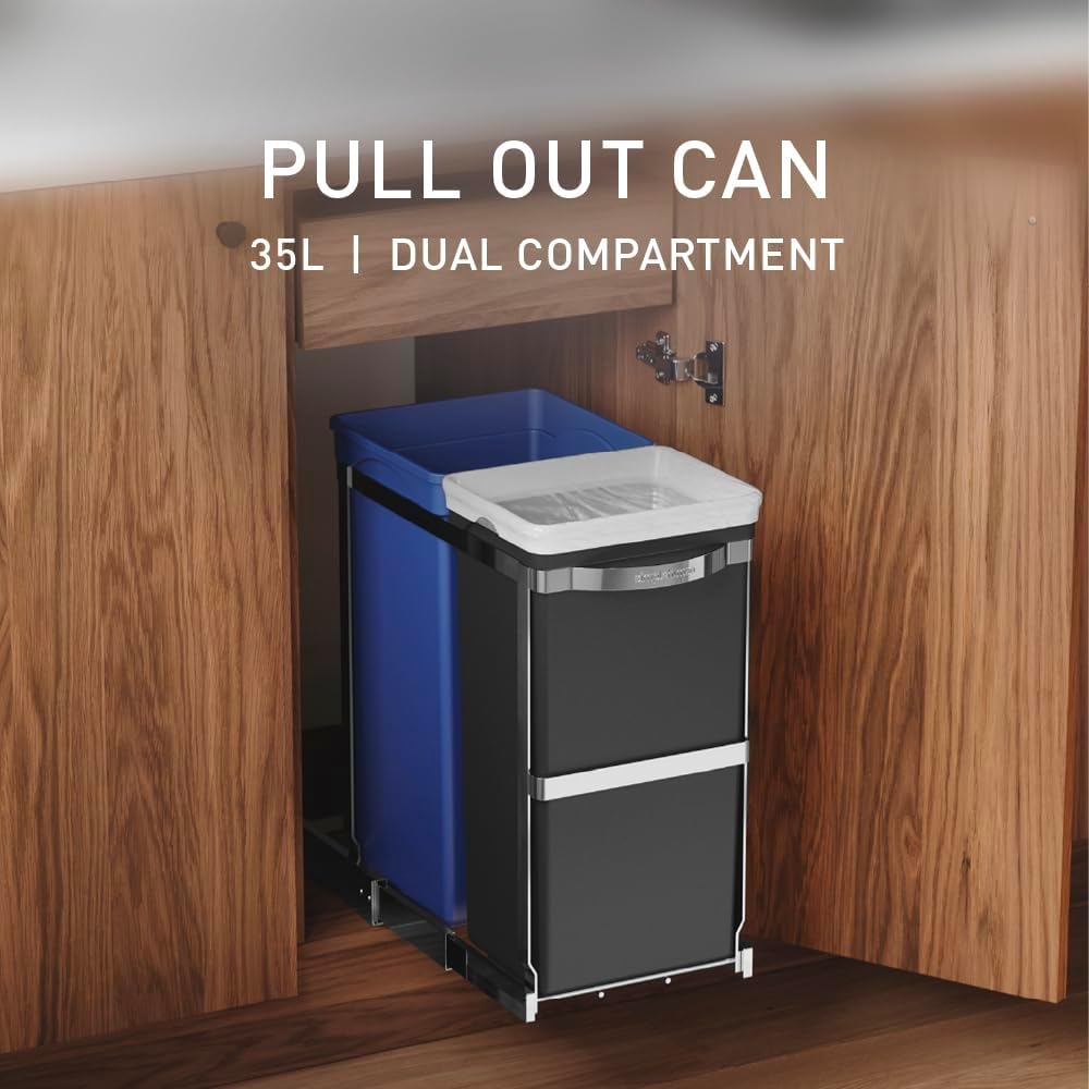 simplehuman CW1016 35 Liter (20/15) ausziehbarer Schrank-Recycler Mülltrennsystem 2 Fach Einbau Abfa