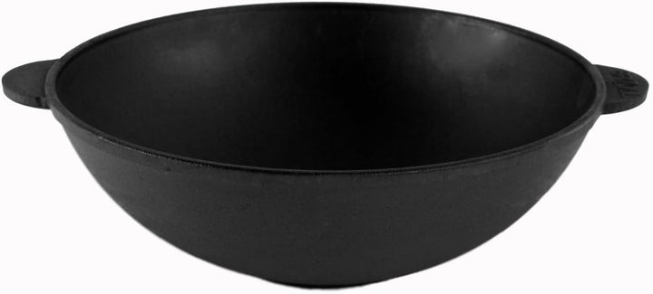 BIG-PAN Wok 30 cm Kazan aus Gusseisen 4,7 L mit zwei Griffen Aluminiumdeckel Bambus-Küchenutensilien