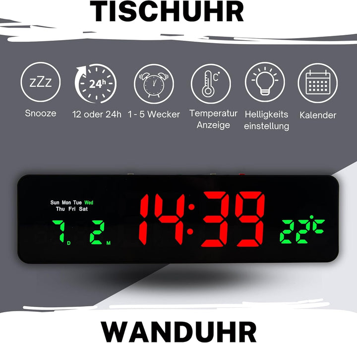 Wanduhr Digital, LED Tischuhr mit Temperaturanzeige, Wecker Snooze, 12/24-Stunden-Anzeige, LED-Uhr,