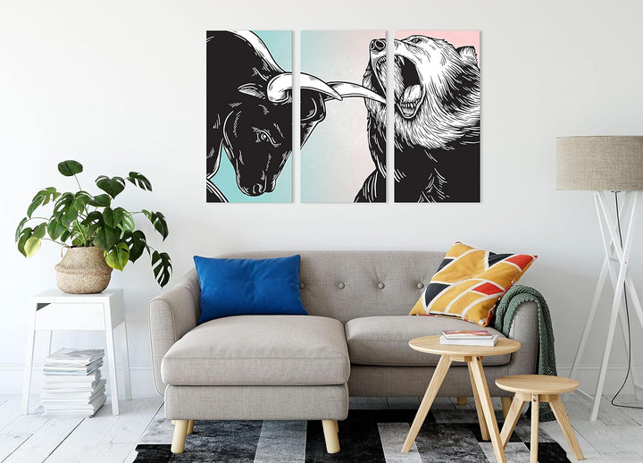 Pixxprint Bulle und Bär Aktienmarktals Leinwandbild 3 teilig | Grösse: 120x80 cm | Wandbild | Kunstd