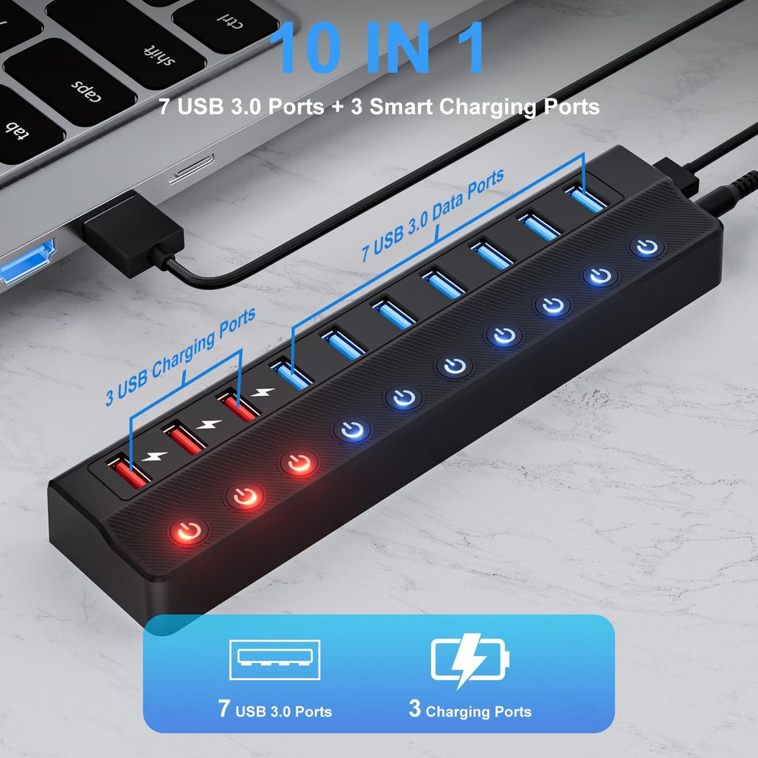 Ziumier USB Hub 3.0 Aktiv mit Netzteil, 10 Ports 36W USB Verteiler(3 Schnellladeanschlüsse + 7 USB H