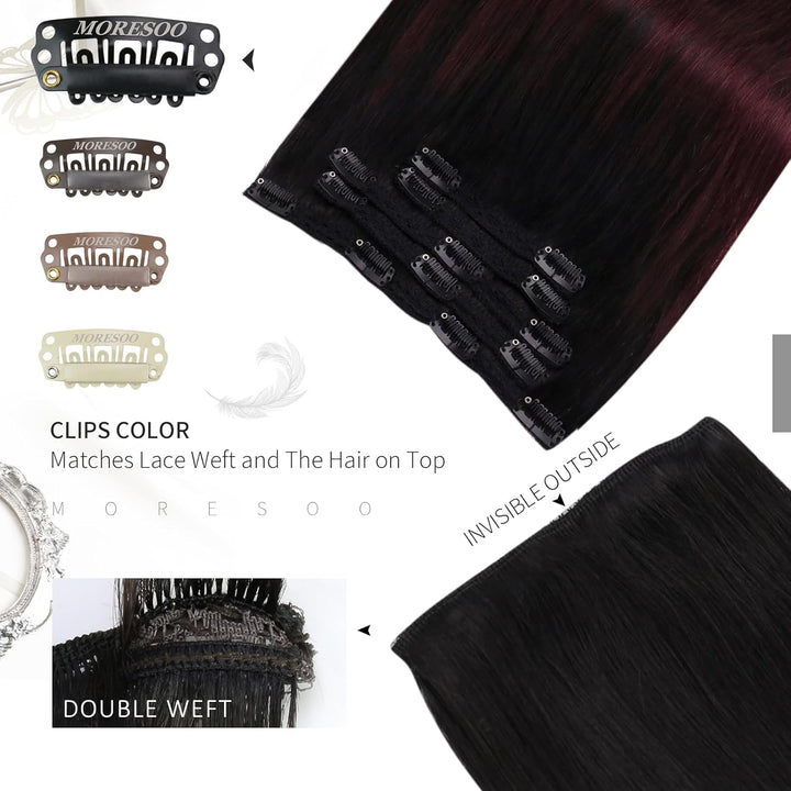 Moresoo Clip Extensions Echthaar Balayage Schwarz bis Weinrot Remy Echthaar Extensions Clip Doppelt