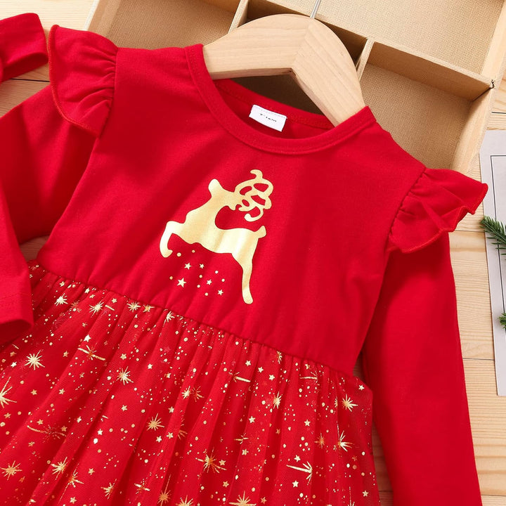 Geagodelia Baby Mädchen Weihnachten Kleid Outfit Prinzessin Weihnachtskleid Weihnachtsoutfit Langarm