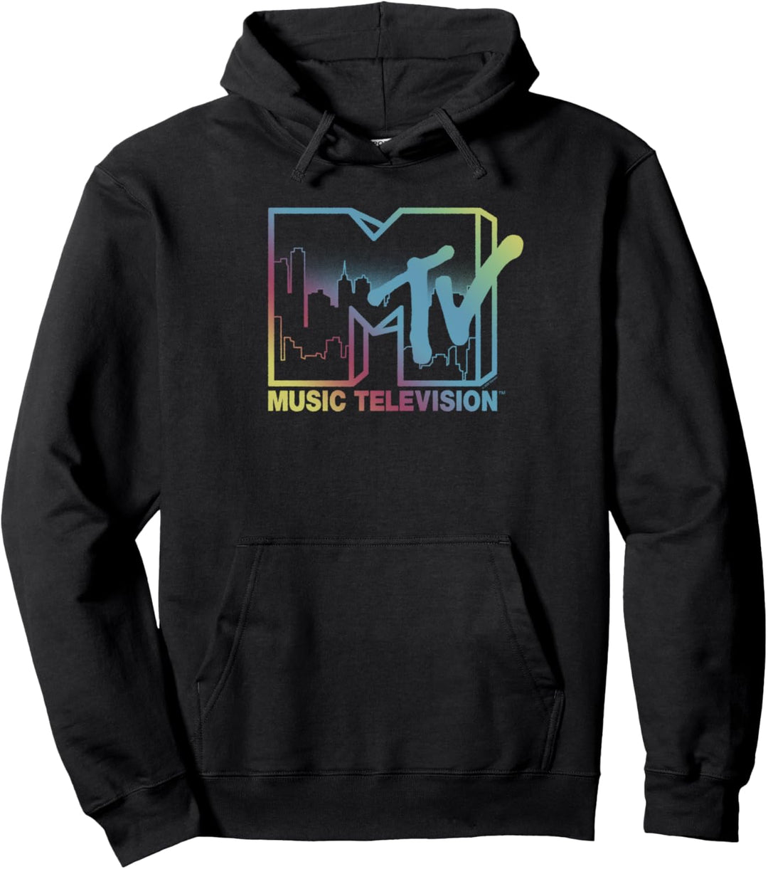 MTV Music Television Neon Rainbow City Skyline MTV Logo Pullover Hoodie