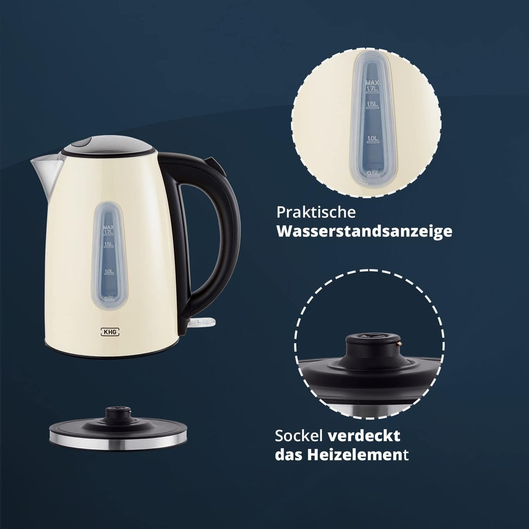 KHG Wasserkocher WK-1707 CE Edelstahl creme 1,7 Liter, auswaschbarer Kalkfilter, Wasserstandsanzeige